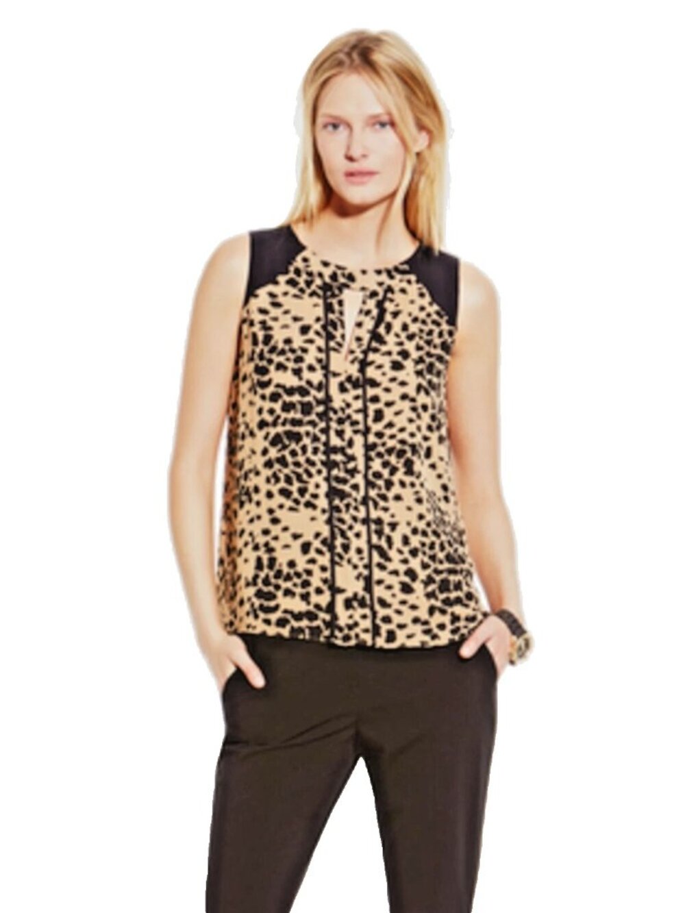 VINCE CAMUTO Black/Camel Animal Dashes Print Center Seam Sleeveless Blouse L NWT